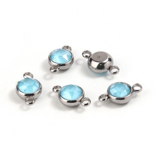 Picture of 304 Stainless Steel & Glass Connectors Round Silver Tone Blue Faceted 17mm x 10mm, 1 Piece