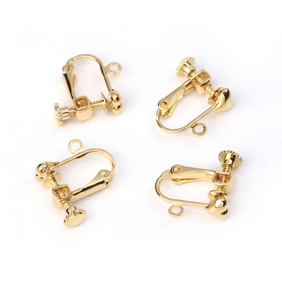 Picture of Brass Screw Back Clips Earrings Gold Plated Heart W/ Loop 17mm( 5/8") x 16mm( 5/8"), 3 PCs                                                                                                                                                                    