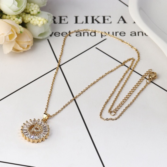 Bild von 304 Edelstahl Halskette Vergoldet Rund Anfangsbuchstabe Message " P " Transparent Strass 45cm lang, 1 Strang
