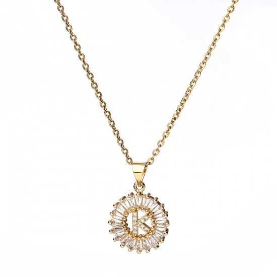 Bild von 304 Edelstahl Halskette Vergoldet Rund Anfangsbuchstabe Message " K " Transparent Strass 45cm lang, 1 Strang