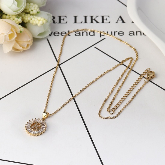 Bild von 304 Edelstahl Halskette Vergoldet Rund Anfangsbuchstabe Message " K " Transparent Strass 45cm lang, 1 Strang