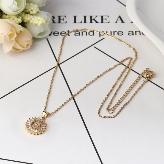 Bild von 304 Edelstahl Halskette Vergoldet Rund Anfangsbuchstabe Message " B " Transparent Strass 45cm lang, 1 Strang