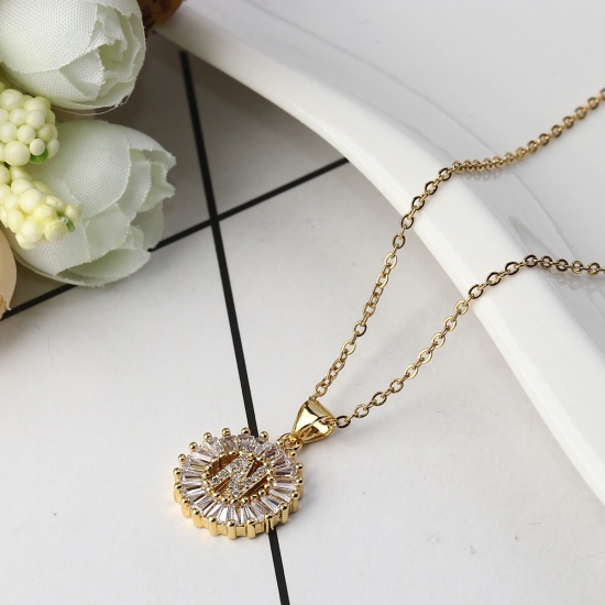 Bild von 304 Edelstahl Halskette Vergoldet Rund Anfangsbuchstabe Message " N " Transparent Strass 45cm lang, 1 Strang
