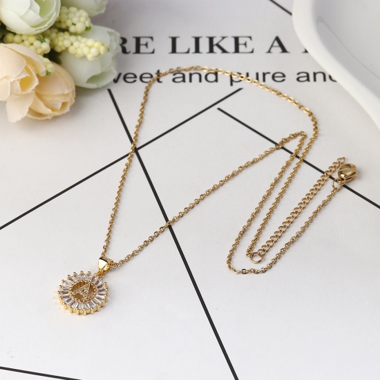 Bild von 304 Edelstahl Halskette Vergoldet Rund Anfangsbuchstabe Message " A " Transparent Strass 45cm lang, 1 Strang