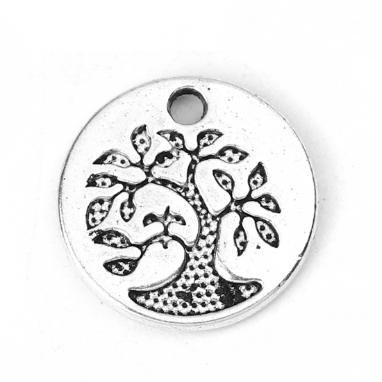 Picture of Zinc Based Alloy Charms Round Disc Antique Silver Color Tree 15mm( 5/8") Dia, 50 PCs