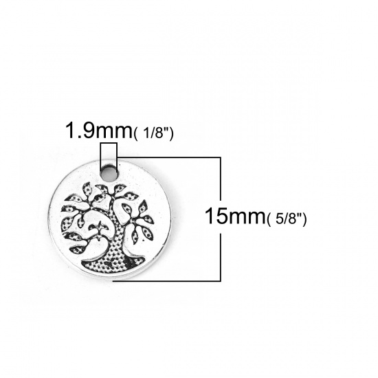 Picture of Zinc Based Alloy Charms Round Disc Antique Silver Color Tree 15mm( 5/8") Dia, 50 PCs