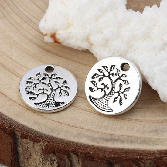 Picture of Zinc Based Alloy Charms Round Disc Antique Silver Color Tree 15mm( 5/8") Dia, 50 PCs