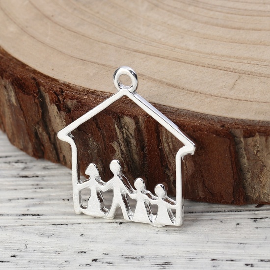 Picture of Zinc Based Alloy Family Jewelry Charms House Silver Plated Person 26mm(1") x 25mm(1"), 20 PCs