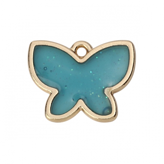 Picture of Zinc Based Alloy Charms Butterfly Animal Gold Plated Green Blue Enamel Glitter 17mm( 5/8") x 14mm( 4/8"), 5 PCs