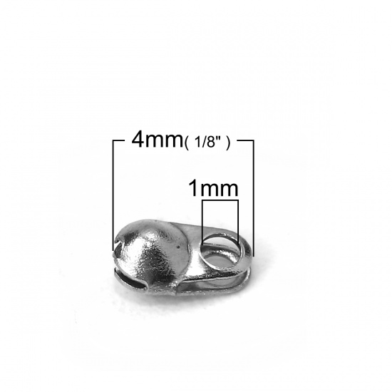 Picture of 304 Stainless Steel Bead Tips (Knot Cover) Clamshell With 2 Closed Loops Silver Tone (Fits 1.5mm Ball Chain) Silver Tone 4mm( 1/8") x 2mm( 1/8"), 50 PCs