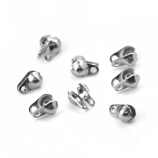 Picture of 304 Stainless Steel Bead Tips (Knot Cover) Clamshell With 2 Closed Loops Silver Tone (Fits 2.5mm Ball Chain) Silver Tone 5mm( 2/8") x 3mm( 1/8"), 50 PCs