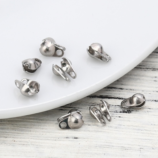 Picture of 304 Stainless Steel Bead Tips (Knot Cover) Clamshell With 2 Closed Loops Silver Tone (Fits 2.5mm Ball Chain) Silver Tone 5mm( 2/8") x 3mm( 1/8"), 50 PCs