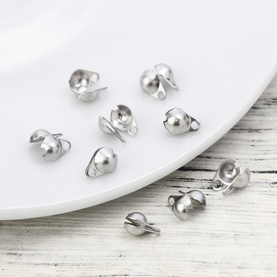 Picture of 304 Stainless Steel Bead Tips (Knot Cover) Silver Tone With Loop (Fits Ball Chain Size: 2mm) 5.5mm x 4mm, 50 PCs