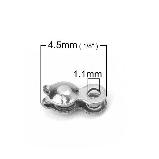 Picture of 304 Stainless Steel Bead Tips (Knot Cover) Clamshell With 2 Closed Loops Silver Tone (Fits 2mm Ball Chain) Silver Tone 4.5mm( 1/8") x 2.5mm( 1/8"), 50 PCs