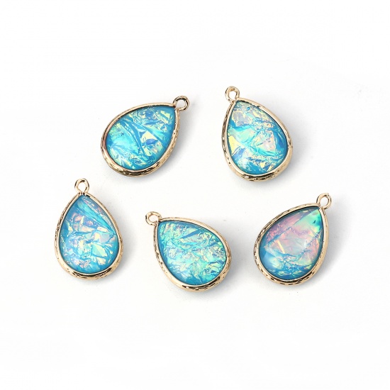 Picture of Copper & Resin AB Rainbow Color Aurora Borealis Charms Drop Light Golden Skyblue 23mm x15mm( 7/8" x 5/8") - 22mm x14mm( 7/8" x 4/8"), 5 PCs