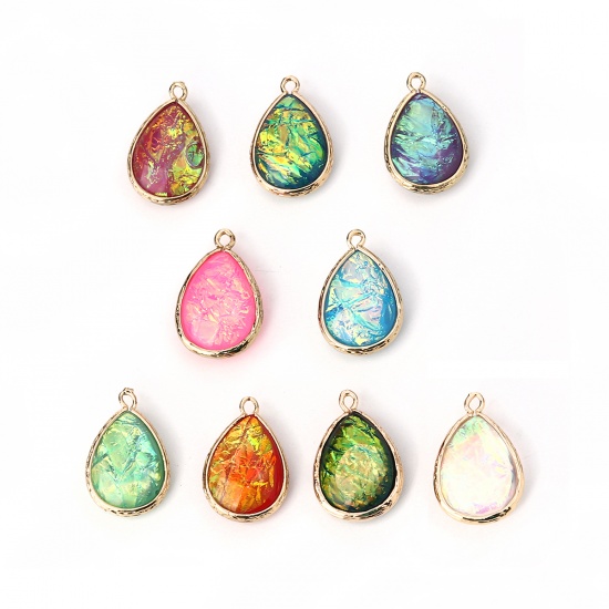 Picture of Copper & Resin AB Rainbow Color Aurora Borealis Charms Drop Light Golden Light Green 23mm x15mm( 7/8" x 5/8") - 22mm x14mm( 7/8" x 4/8"), 5 PCs