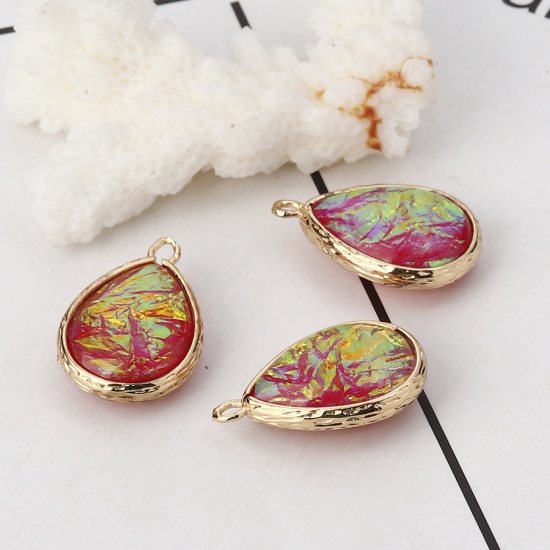 Picture of Copper & Resin AB Rainbow Color Aurora Borealis Charms Drop Light Golden Red 23mm x15mm( 7/8" x 5/8") - 22mm x14mm( 7/8" x 4/8"), 5 PCs