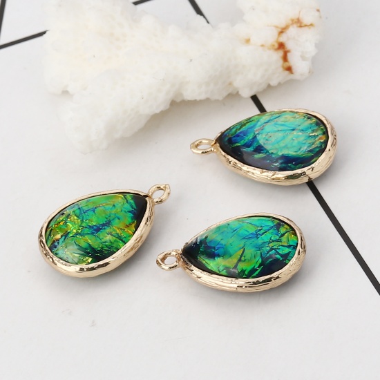 Picture of Copper & Resin AB Rainbow Color Aurora Borealis Charms Drop Light Golden Dark Green 23mm x15mm( 7/8" x 5/8") - 22mm x14mm( 7/8" x 4/8"), 5 PCs