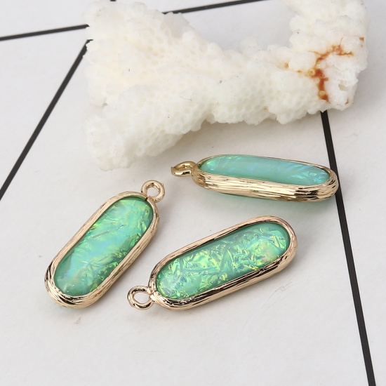 Picture of Copper & Resin AB Rainbow Color Aurora Borealis Charms Oval Light Golden Light Green 26mm(1") x 9mm( 3/8"), 5 PCs