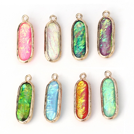 Picture of Copper & Resin AB Rainbow Color Aurora Borealis Charms Oval Light Golden Light Green 26mm(1") x 9mm( 3/8"), 5 PCs