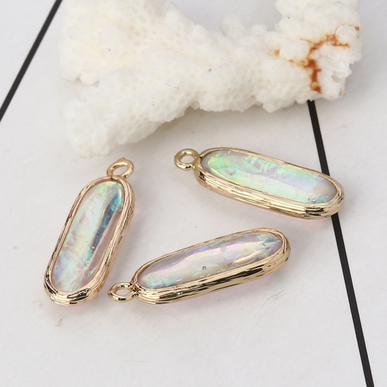 Picture of Copper & Resin AB Rainbow Color Aurora Borealis Charms Oval Light Golden White 26mm(1") x 9mm( 3/8"), 5 PCs