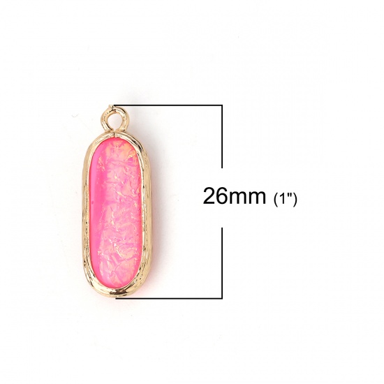 Picture of Copper & Resin AB Rainbow Color Aurora Borealis Charms Oval Light Golden Hot Pink 26mm(1") x 9mm( 3/8"), 5 PCs