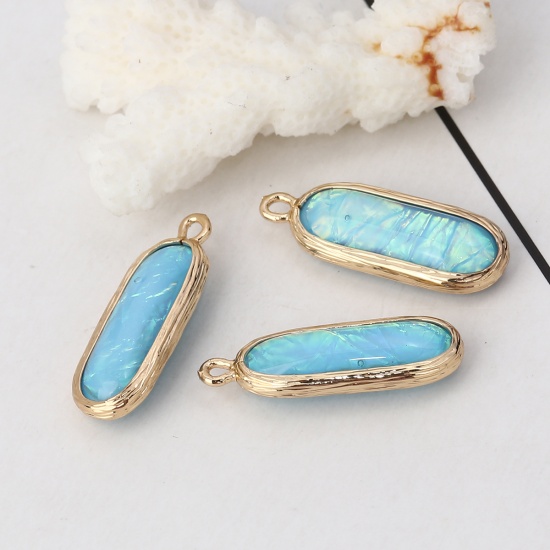 Picture of Copper & Resin AB Rainbow Color Aurora Borealis Charms Oval Light Golden Skyblue 26mm(1") x 9mm( 3/8"), 5 PCs