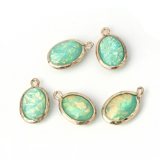 Picture of Copper & Resin AB Rainbow Color Aurora Borealis Charms Oval Light Golden Light Green 19mm( 6/8") x 12mm( 4/8"), 5 PCs