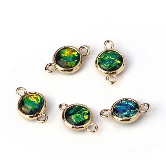 Picture of Brass & Resin AB Rainbow Color Aurora Borealis Connectors Round Light Golden Dark Green 16mm x10mm( 5/8" x 3/8") - 15mm x9mm( 5/8" x 3/8"), 5 PCs                                                                                                             