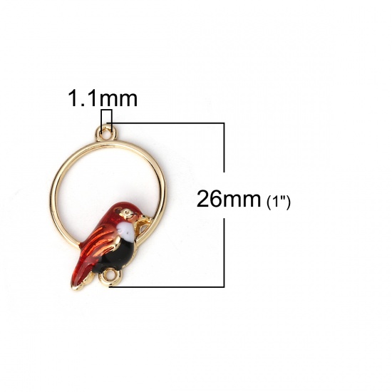 Picture of Zinc Based Alloy Connectors Round Gold Plated Red Bird Enamel 26mm x 18mm, 10 PCs