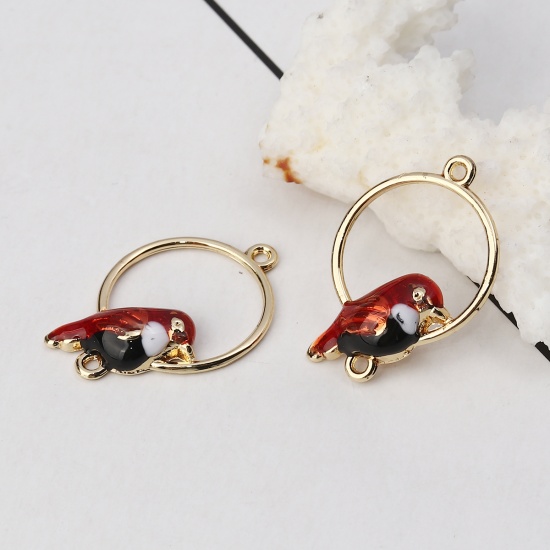 Picture of Zinc Based Alloy Connectors Round Gold Plated Red Bird Enamel 26mm x 18mm, 10 PCs