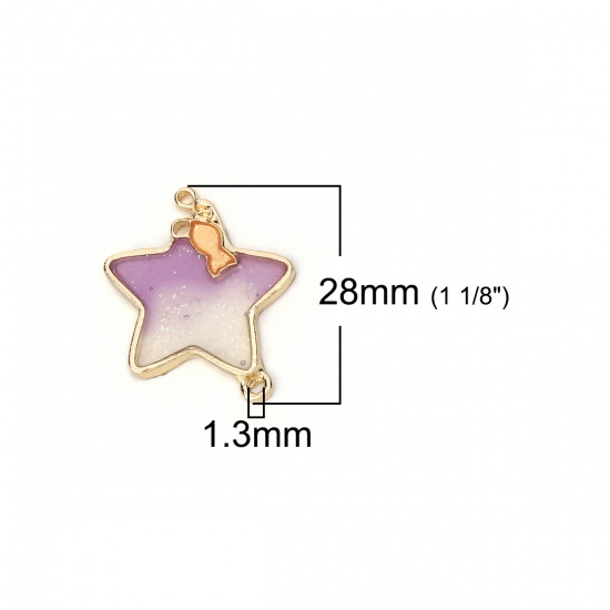 Picture of Zinc Based Alloy Connectors Pentagram Star Gold Plated Purple Fish Glitter Enamel 28mm x 24mm, 5 PCs