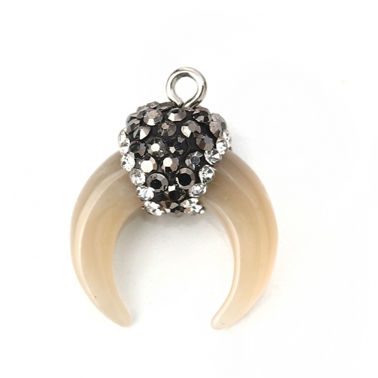 Picture of Acrylic Boho Chic Charms Horn-shaped Light Brown Micro Pave Gray & Clear Rhinestone 24mm x 19mm - 21mm x 18mm, 2 PCs