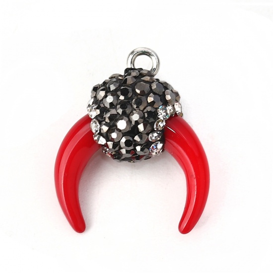 Picture of Acrylic Boho Chic Charms Horn-shaped Red Micro Pave Gray & Clear Rhinestone 24mm x 19mm - 21mm x 18mm, 2 PCs