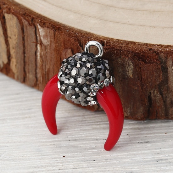 Picture of Acrylic Boho Chic Charms Horn-shaped Red Micro Pave Gray & Clear Rhinestone 24mm x 19mm - 21mm x 18mm, 2 PCs