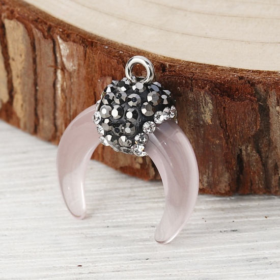 Picture of Acrylic Boho Chic Charms Horn-shaped Pink Micro Pave Gray & Clear Rhinestone 24mm x 19mm - 21mm x 18mm, 2 PCs