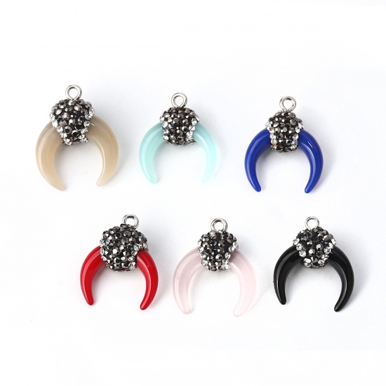 Picture of Acrylic Charms Horn-shaped Royal Blue Micro Pave Gray & Clear Rhinestone 24mm x 19mm - 21mm x 18mm, 2 PCs
