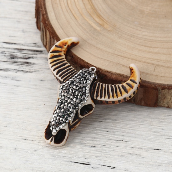 Picture of Resin Boho Chic Pendants Cow Brown Micro Pave Gray & Clear Rhinestone 56mm(2 2/8") x 49mm(1 7/8"), 1 Piece