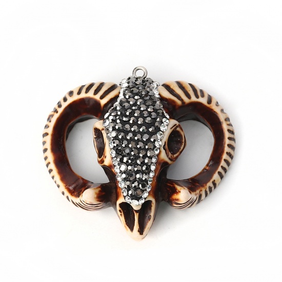 Picture of Resin Boho Chic Pendants Sheep Brown Micro Pave Gray & Clear Rhinestone 49mm(1 7/8") x 46mm(1 6/8"), 1 Piece