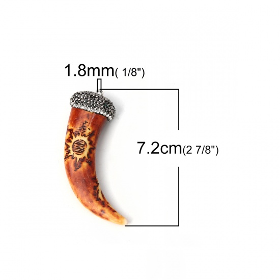 Picture of Resin Boho Chic Pendants Horn-shaped Sun Brown Micro Pave Gray Rhinestone 72mm(2 7/8") x 24mm(1"), 1 Piece