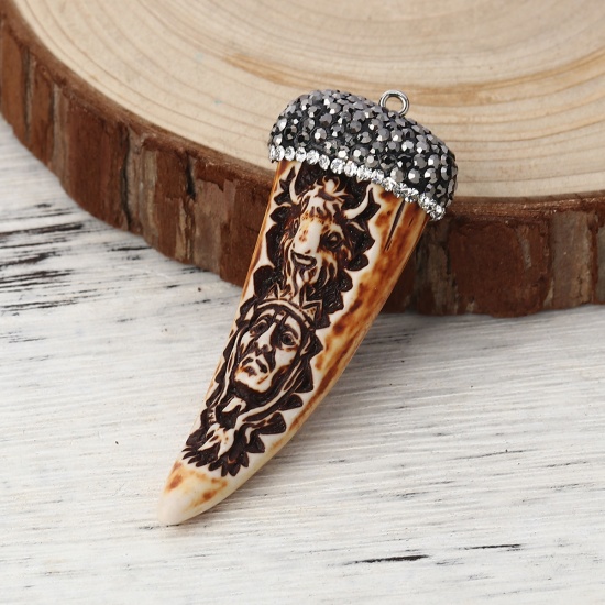 Picture of Resin Boho Chic Pendants Horn-shaped Brown Micro Pave Gray & Clear Rhinestone 6.7cm x2.7cm(2 5/8" x1 1/8") - 6.5cm x2.6cm(2 4/8" x1"), 1 Piece