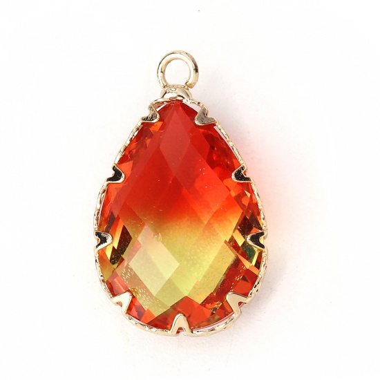 Picture of Glass Charms Drop Red & Yellow Faceted 23mm( 7/8") x 14mm( 4/8"), 2 PCs