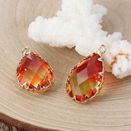 Picture of Glass Charms Drop Red & Yellow Faceted 23mm( 7/8") x 14mm( 4/8"), 2 PCs