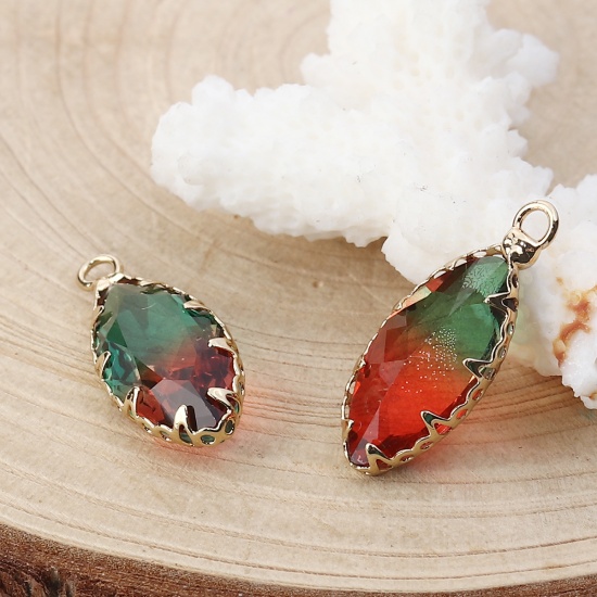 Picture of Glass Charms Marquise Red & Green Faceted 23mm( 7/8") x 10mm( 3/8"), 2 PCs