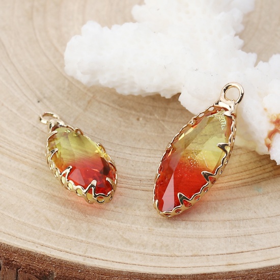 Picture of Glass Charms Marquise Red & Yellow Faceted 23mm( 7/8") x 10mm( 3/8"), 2 PCs