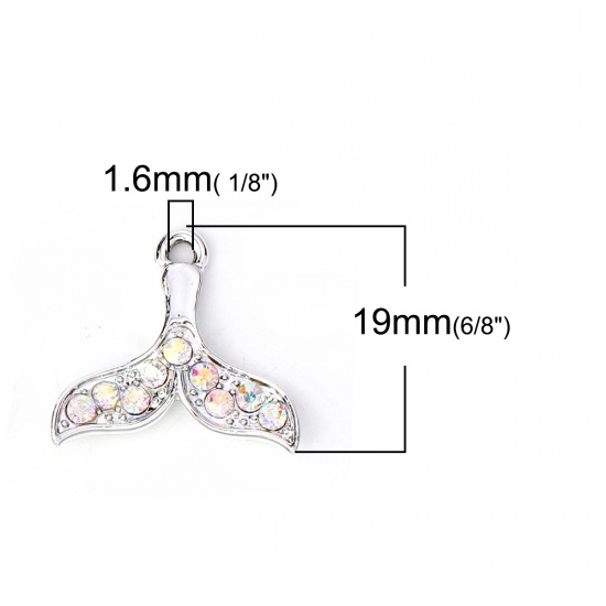 Picture of Zinc Based Alloy Charms Whale Tail Silver Tone AB Color Rhinestone 20mm( 6/8") x 19mm( 6/8"), 10 PCs