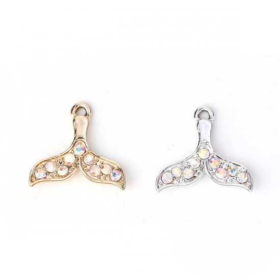 Picture of Zinc Based Alloy Charms Whale Tail Silver Tone AB Color Rhinestone 20mm( 6/8") x 19mm( 6/8"), 10 PCs