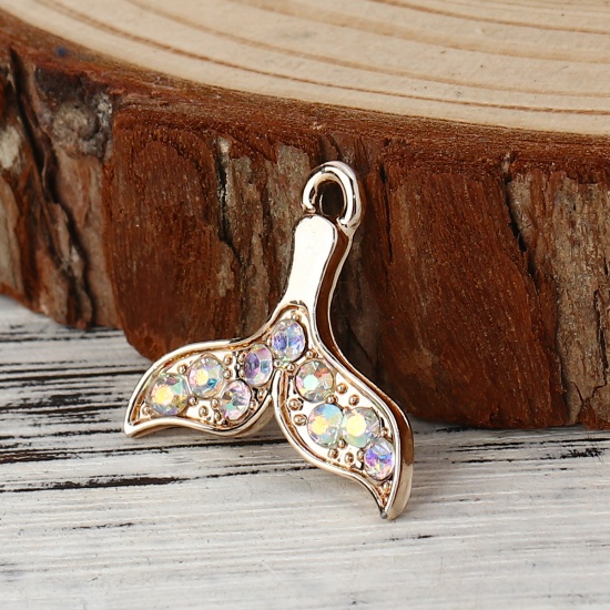 Picture of Zinc Based Alloy Charms Whale Tail Gold Plated AB Color Rhinestone 20mm( 6/8") x 19mm( 6/8"), 10 PCs