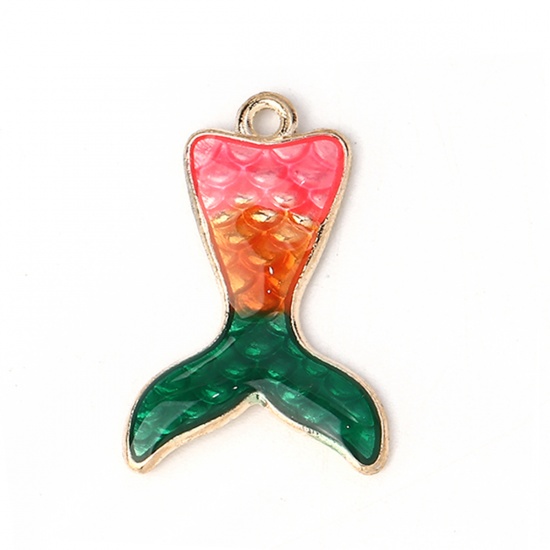 Picture of Zinc Based Alloy Mermaid Fish/ Dragon Scale Charms Gold Plated Orange Enamel 27mm(1 1/8") x 19mm( 6/8"), 10 PCs