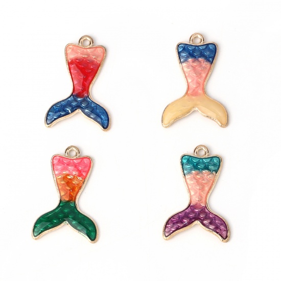 Picture of Zinc Based Alloy Mermaid Fish/ Dragon Scale Charms Gold Plated Orange Enamel 27mm(1 1/8") x 19mm( 6/8"), 10 PCs